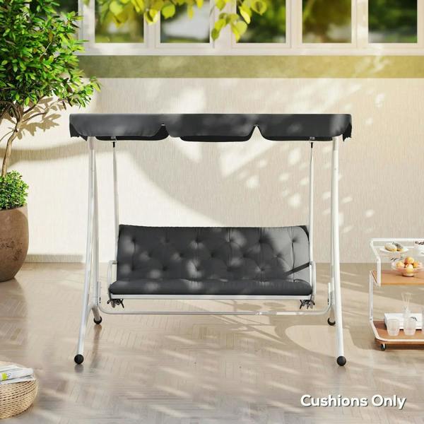 Dark grey tufted bench cushion with backrest and cushioned seat pad