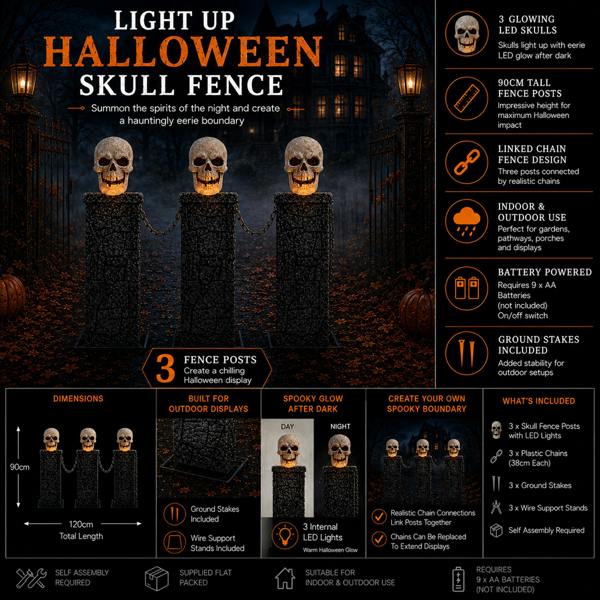 Samuel Alexander 90cm x 1.2m Battery Powered Light Up Halloween Skull Fence with LEDs