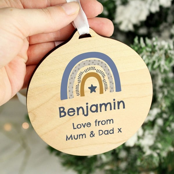 Personalised Memento Company Personalised Blue Rainbow Round Wooden Decoration