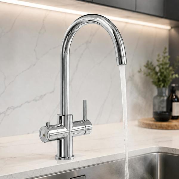Chrome boiling water tap in a modern high end kitchen sink