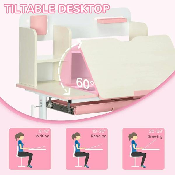 Pink desk with tilt-adjustable desktop and matching chair for kids learning