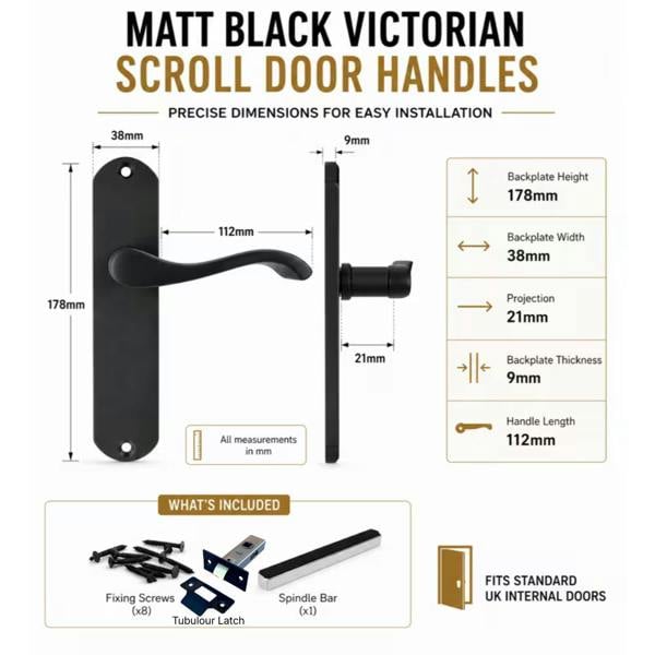 EDH Door Hardware Matt Black Cadenza Victorian Scroll Door Handles – 1, 3 & 5 Pair Packs – 178mm x 38mm