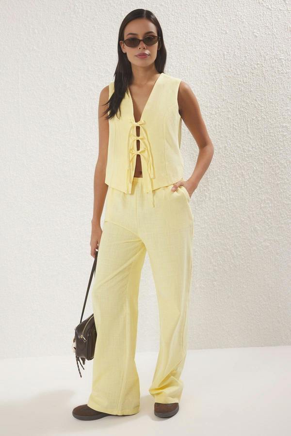 WOVCOR 2-Piece Tie-Front Linen-Look Blouse & Wide Leg Woven Pants Set