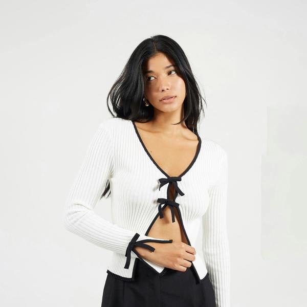 Brave Soul Cream Ribbed Knitted Cardigan with Bow Fastening - Cream Image 4