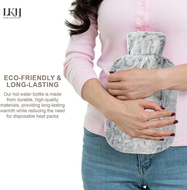 LKH HOME COLLECTION Hot Water Bottle with Cover UK 2L with Faux Fur Pom Poms For Period Pain Relief Leak Resistant BPA Free Hot Bottle