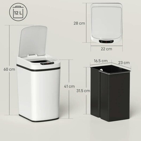 12L Sensor Bin, Automatic Touchless Motion Sensor Kitchen Bin with Fingerprint Resistant Stainless Steel, White