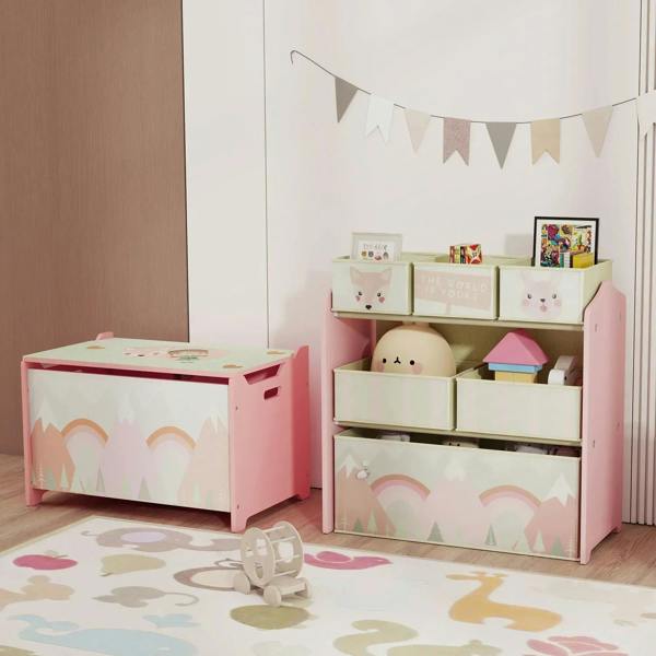 Pink kids storage organizer with fabric bins and a matching storage top box