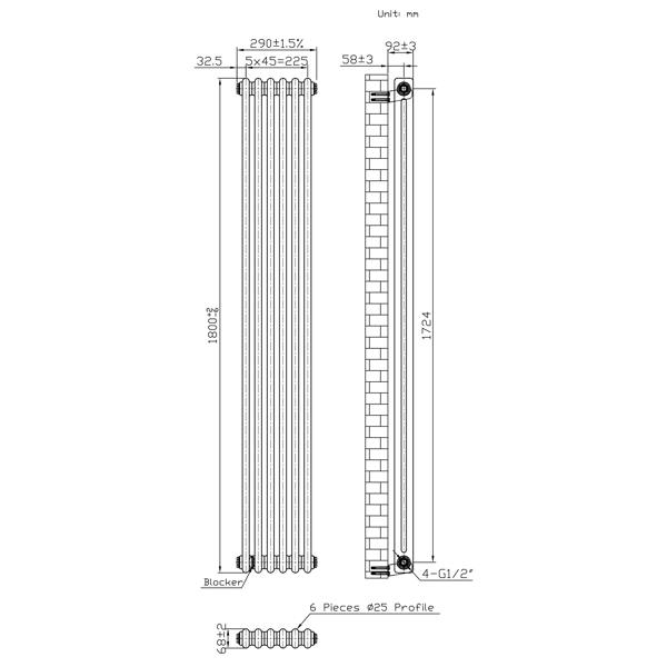 Monstershop Traditional 2 Column Radiator - 1800 x 290mm - Raw Metal