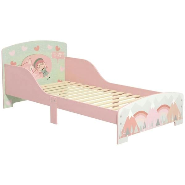 Pink toddler bed frame with illustrated headboard and footboard and wooden slat base