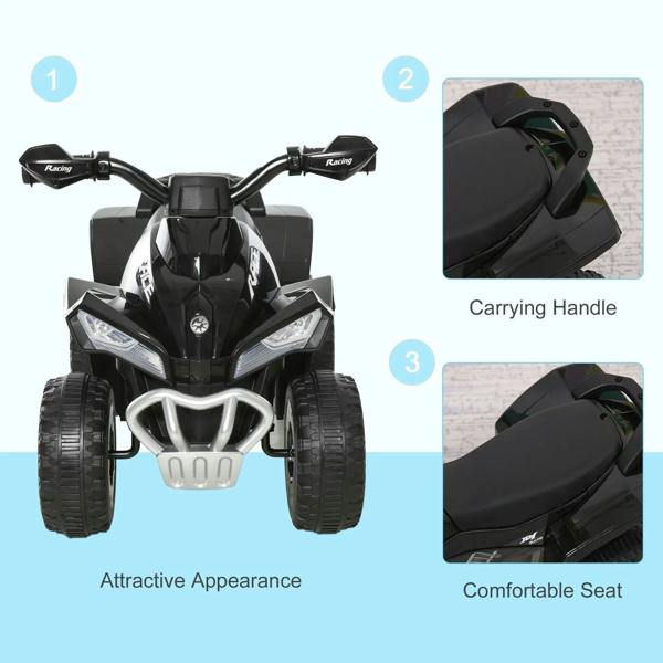 Black ride-on quad front view with carrying handle and comfortable seat
