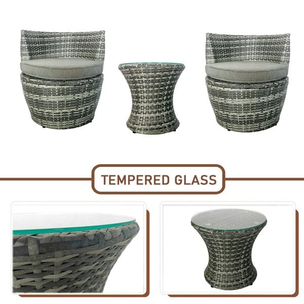 Furniture One 3-piece Outdoor Rattan Bistro Set with Cushion and Glass Top Coffee Table, 2 Seater Garden Vase Chair Table and Chair Set - Gray