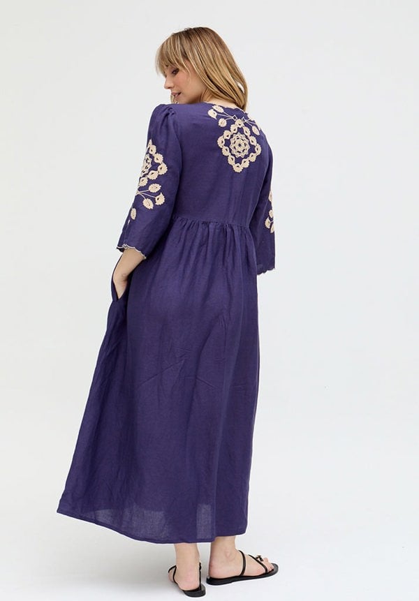 Raffya Arianna V- Neck Embroidered Maxi Dress In Blue