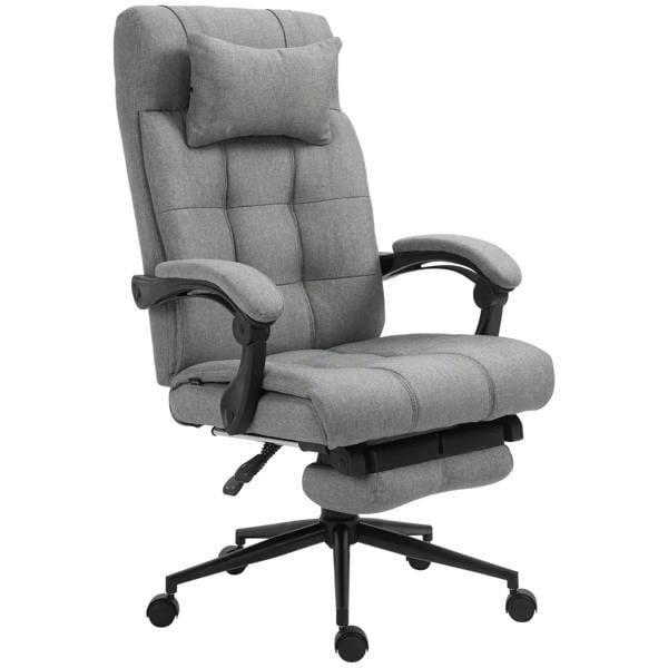 Light grey ergonomic office chair with headrest, armrests, and retractable footrest