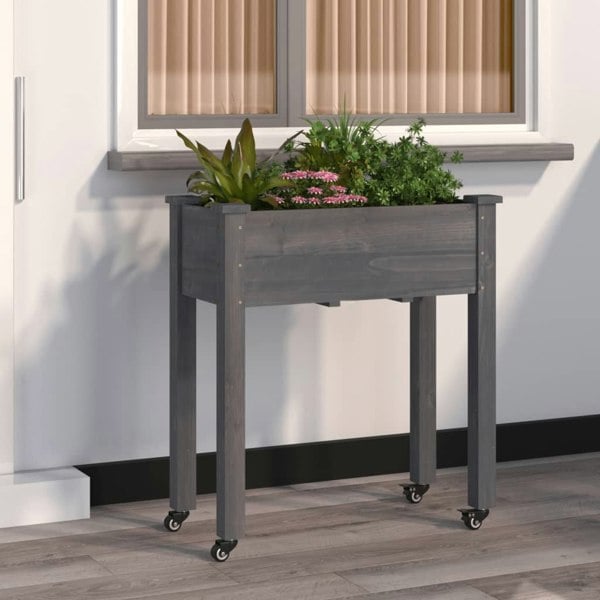 Berkfield Wheeled Planter with Liner Grey 71x37x80 cm Solid Wood Fir