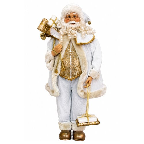 Standing Father Christmas Figure with Sack of Presents, White Santa Style Decoration, Free Standing Festive Ornament, 90cm Tall