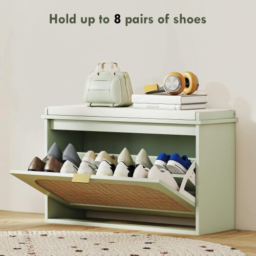 Wyld Haus Rikena Coyo Wooden Light Green Boho Style Shoe Bench With Cushioned Seat And Flip Drawer