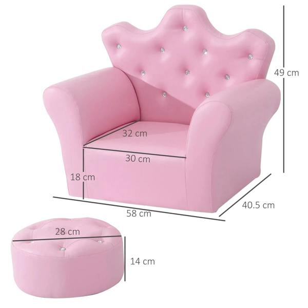 Pink kids armchair with tufted back and round footstool, shown with size guide