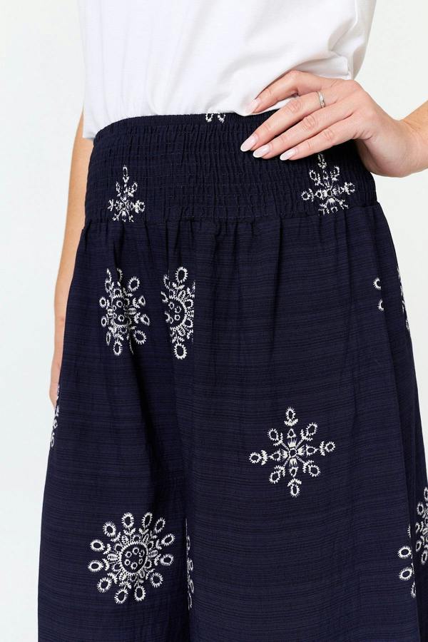 Navy | Border Print Shirred Waist Wide Trousers