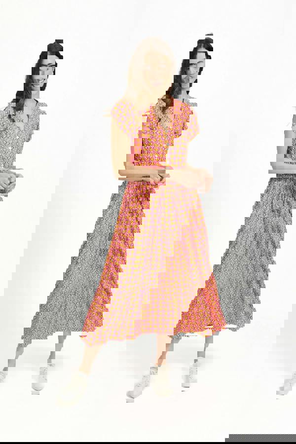 Mudflower Geometric Print Tie Front Midi Dress