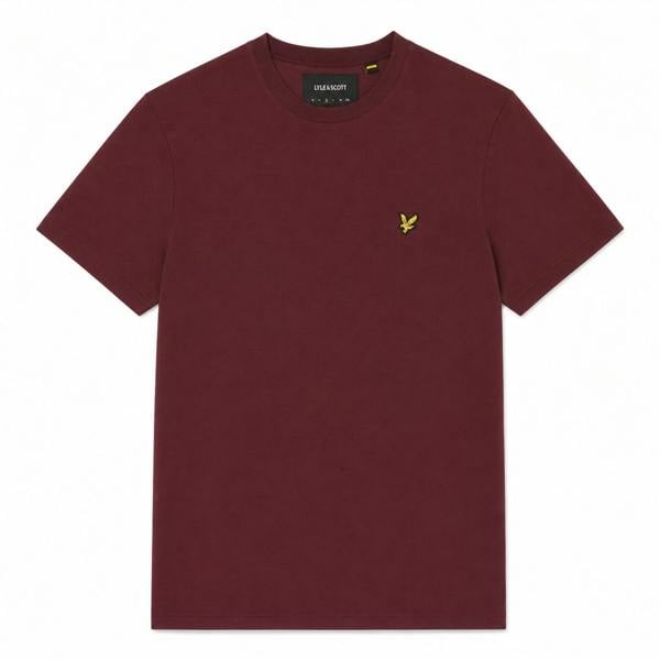 Burgundy Lyle & Scott crew neck t-shirt with short sleeves and the signature yellow eagle logo on the chest.