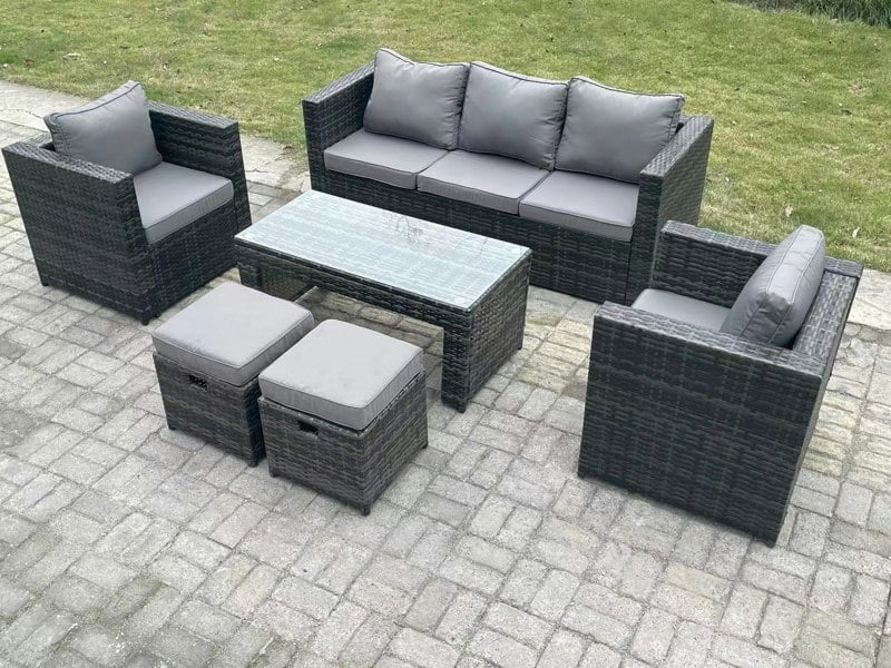 Fimous Lounge Rattan Sofa Set Outdoor Garden Furniture Oblong Rectangular Coffee Table With 2 Chairs 2 Stools