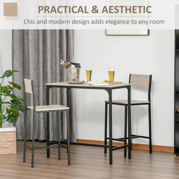 Bar table with two stools featuring backrests, light wood seat and dark metal frame