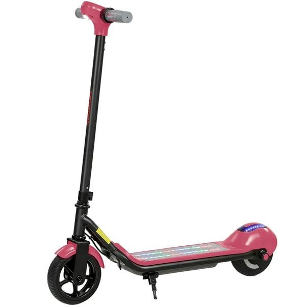 Pink electric kids scooter with LED light deck, front wheel and handlebar