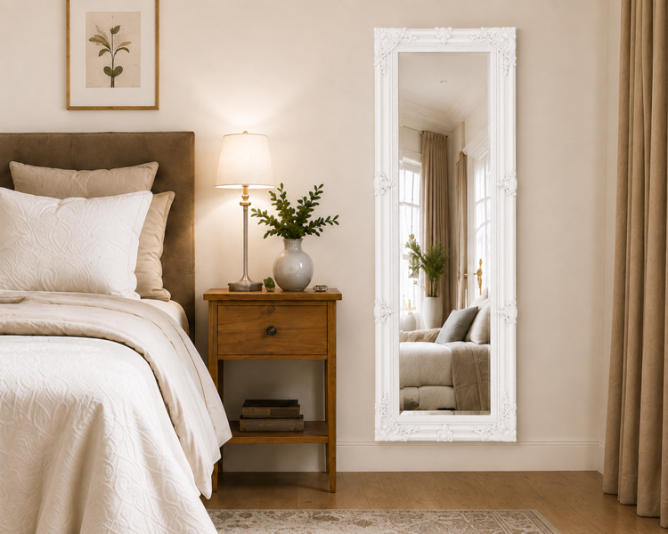 Downton Interiors Antique Style Plain White Tall Ornate Dressing Wall Mirror with Bevelled Glass 142cm