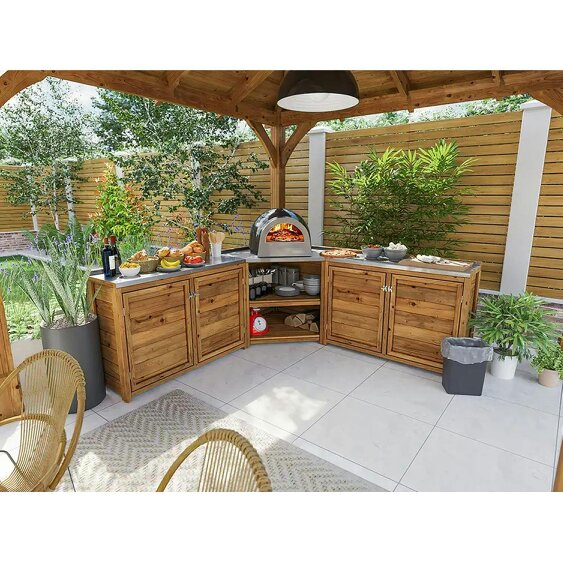 Dunster House Wooden Garden Kitchen Unit J-Configuration With Stainless Steel Countertop, W2m x D2m / W7' x D7'