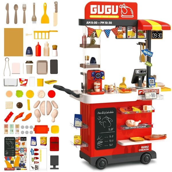 deAO Toys RED Kids Play Kitchen Fried Chicken Shop Pretend Cooking Food Truck with Lights & Sounds