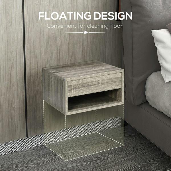 Grey wood-effect floating nightstand with open shelf below, for wall mounting