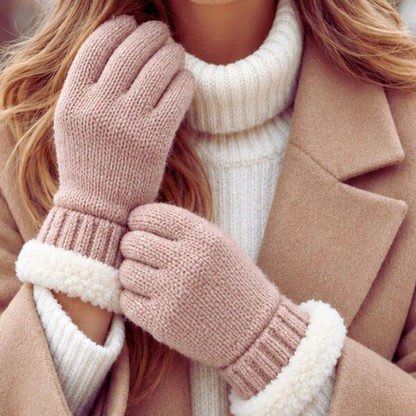 Love EMVY Ladies Wool Blend Knitted Winter Gloves with Soft Fleece Cuff - Pink