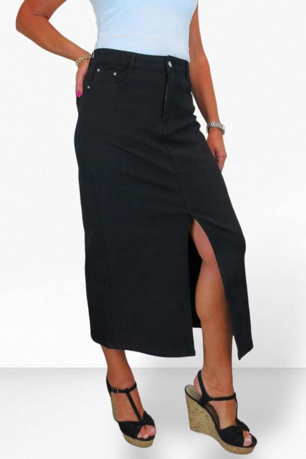 Paulo Due Women's Front Split Maxi Skirt Stretch Twill