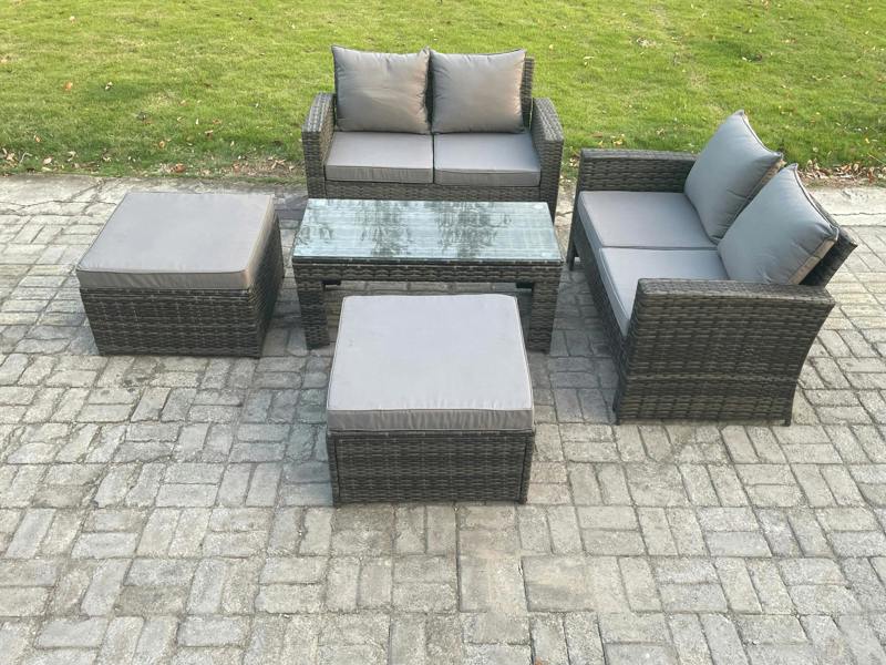 Fimous 5 Pieces Garden Set, Poly Rattan Outdoor Patio Furniture, PE Wicker, 2 Big Footstools, Loveseat and Table, Dark Grey Mixed