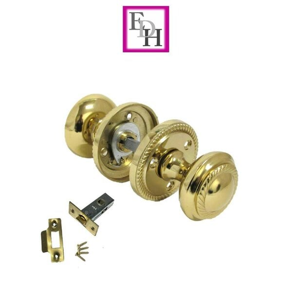 EDH Door Hardware Brass Plated Round Door Knob Set Including Tubular Latch - Georgian Style Sprung Internal & External Door Knobs