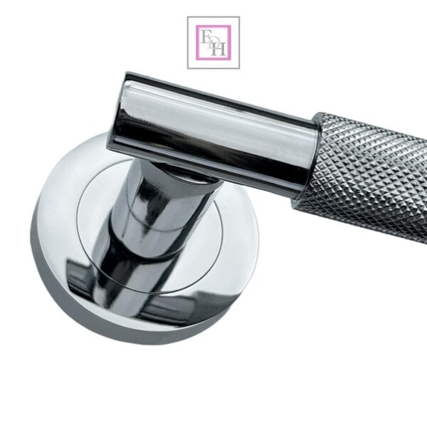 EDH Door Hardware Polished Chrome Knurled Door Handles on Round Rose – Modern Internal Lever Latch Handles