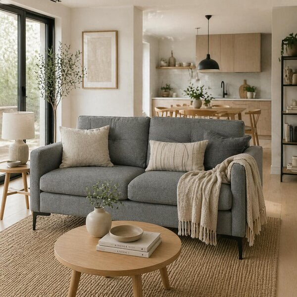 Wyld Haus Malala Minimalist Grey Upholstered 2 Seater Sofa With Steel Legs