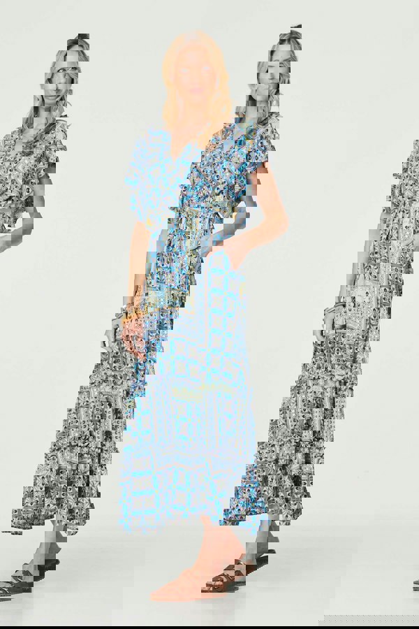 Blue | Printed Frill Sleeve Maxi Dress