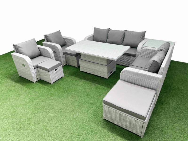 Fimous PE Rattan Wicker Patio Set, Adj Height Table, Reclining Sofa, Double Love Seat, 2 Seater Lounge, 3 Stools and Side Table, Light Grey