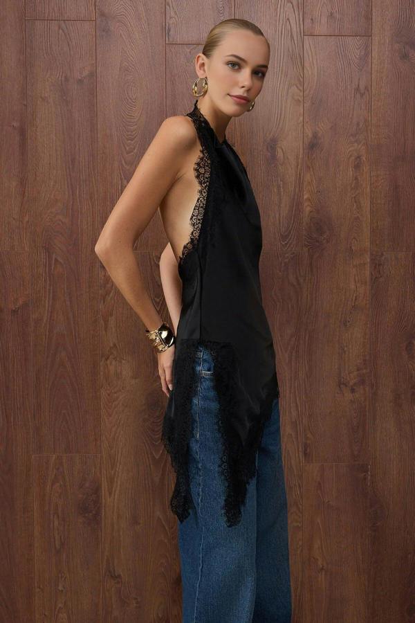 WOVCOR Cowl Neck Asymmetrical Cut Satin Party Blouse