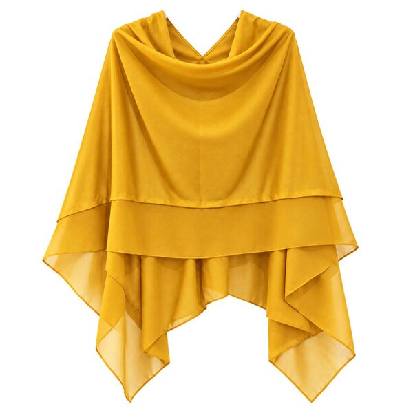 Love EMVY Wool Blend Poncho Shawl Wrap with Contrast Chiffon Border - Mustard