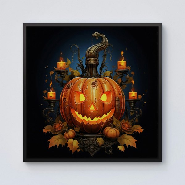 Warren Reed Spooky Pumpkin With Leaves And Small Candles Framed Canvas