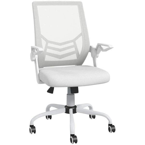 White mesh office chair with padded seat, flip-up armrests, and swivel caster base