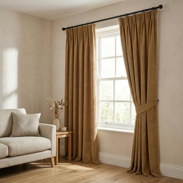 Larissa made-to-measure curtains in Caramel, styled in a living room