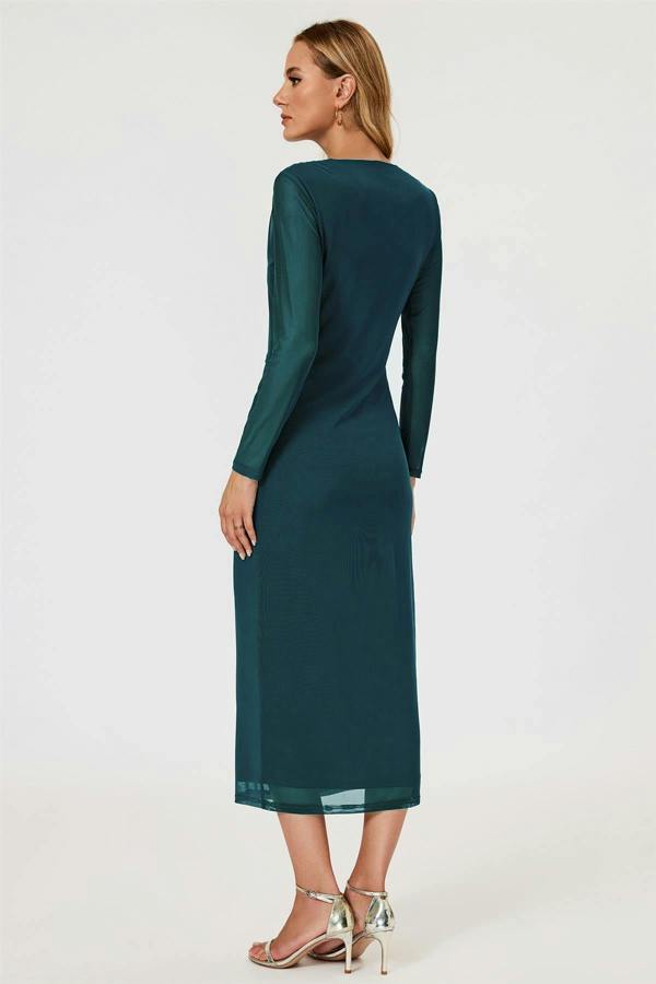 FS Collection Long Sleeves Mesh Midi Dress In Teal