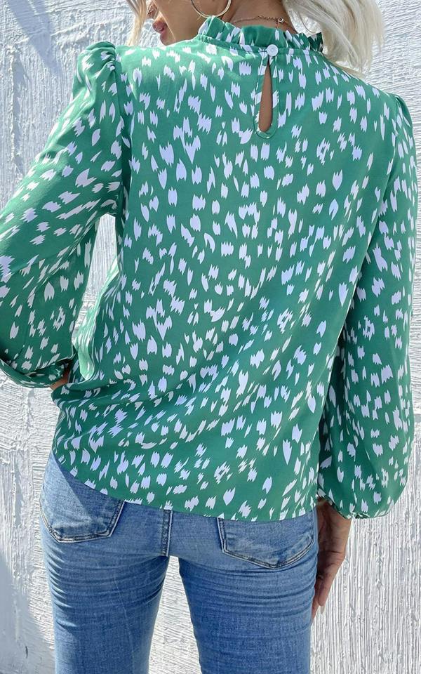 FS Collection Animal Print Frill Detail High Neck Top In Green
