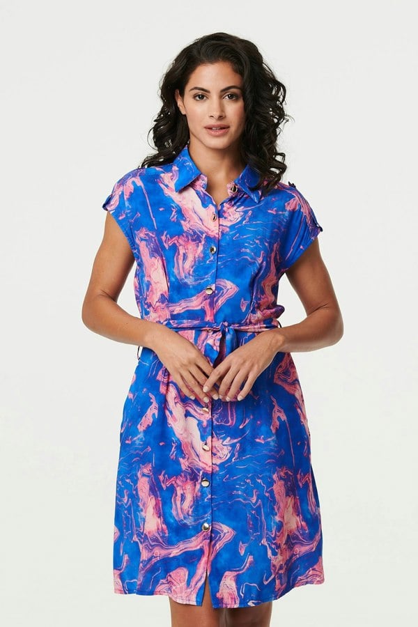 Blue | Marble Print Knee Length Shirt Dress
