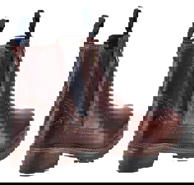 Cotswold Laverton Womens Waterproof Classic Pull On Leather Ankle Boots, brown leather ankle boots with navy elastic side panels and pull tabs for easy wear.