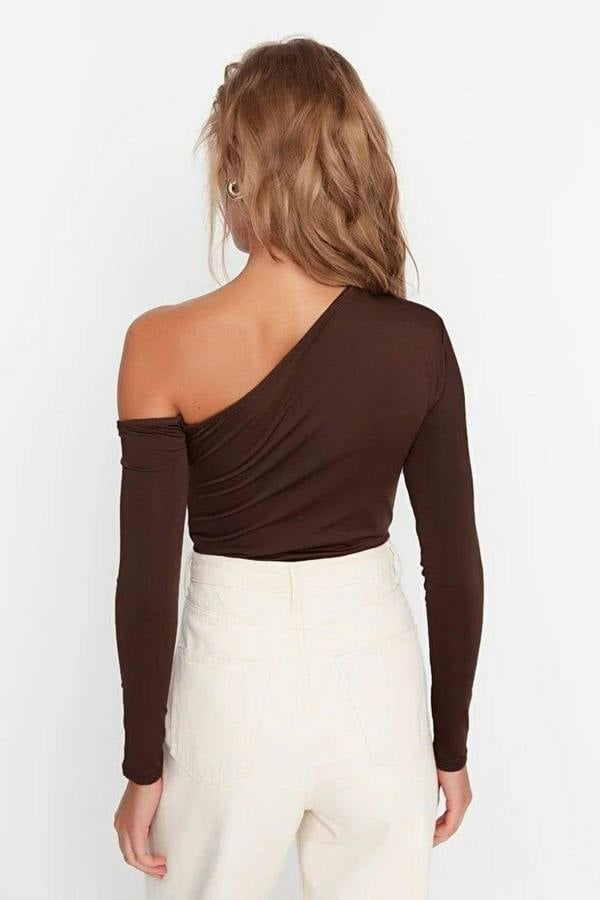 WOVCOR Asymmetrical Collar Long Sleeve Knit Bodysuit