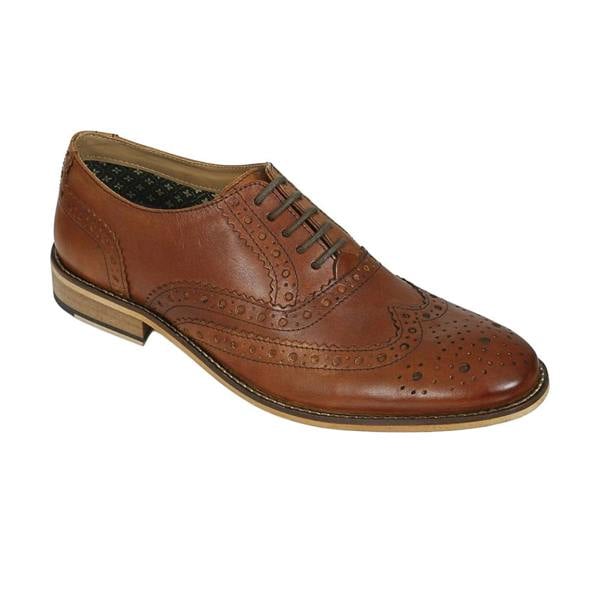 Roamers Mens Tartan Leather Brogue Detailing Gibson Shoes - Tan